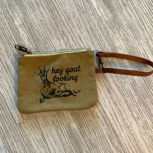 BellaBee-Burlap & Leather Wristlet with Logo